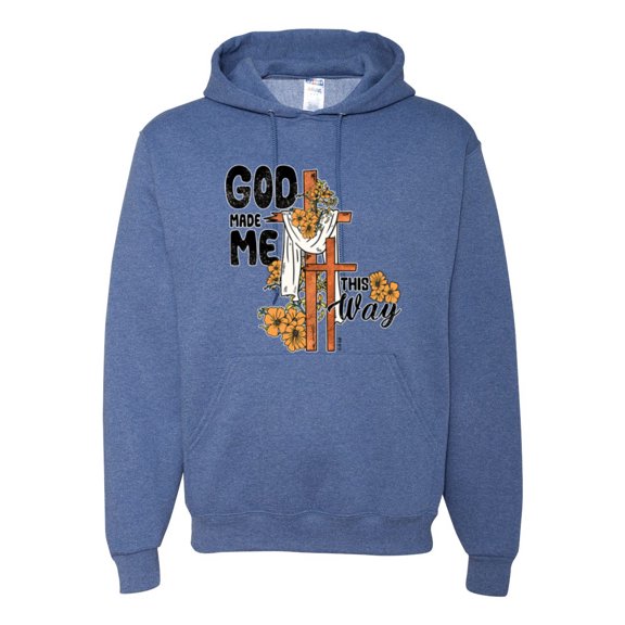 Wild Bobby God Made Me This Way Cross with Sunflowers Inspirational/Christian Unisex Hoodie Sweatshirt, Vintage Heather Blue, X-Large