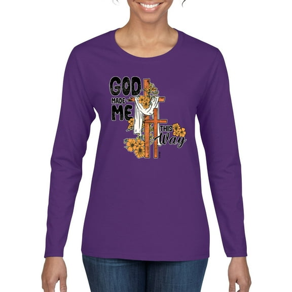 Wild Bobby God Made Me This Way Cross with Sunflowers Inspirational/Christian Women Graphic Long Sleeve Tee, Purple, X-Large