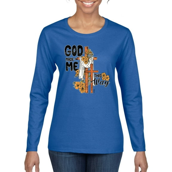 Wild Bobby God Made Me This Way Cross with Sunflowers Inspirational/Christian Women Graphic Long Sleeve Tee, Royal, Large