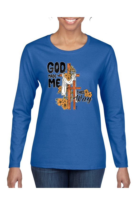 God Made Me This Way Cross with Sunflowers Inspirational/Christian Women Graphic Long Sleeve Tee, Royal, Small