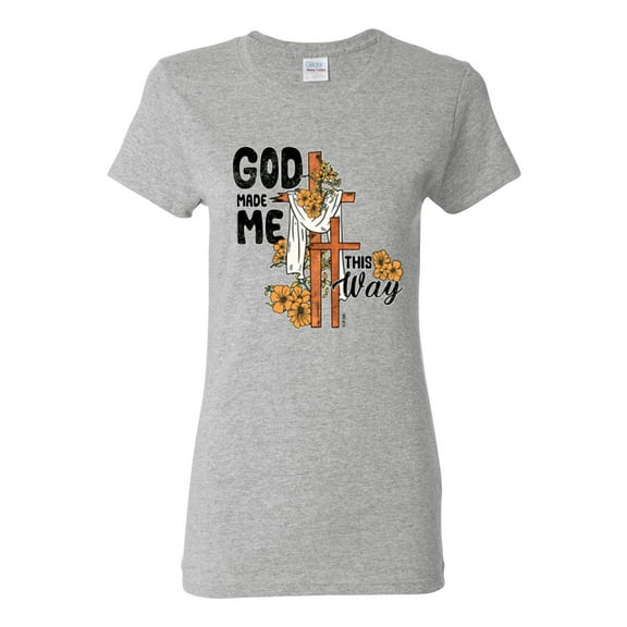 Wild Bobby God Made Me This Way Cross with Sunflowers Inspirational/Christian Women Graphic Tee, Heather Grey, Small