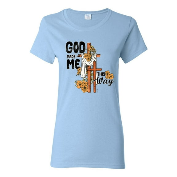 Wild Bobby God Made Me This Way Cross with Sunflowers Inspirational/Christian Women Graphic Tee, Light Blue, Medium