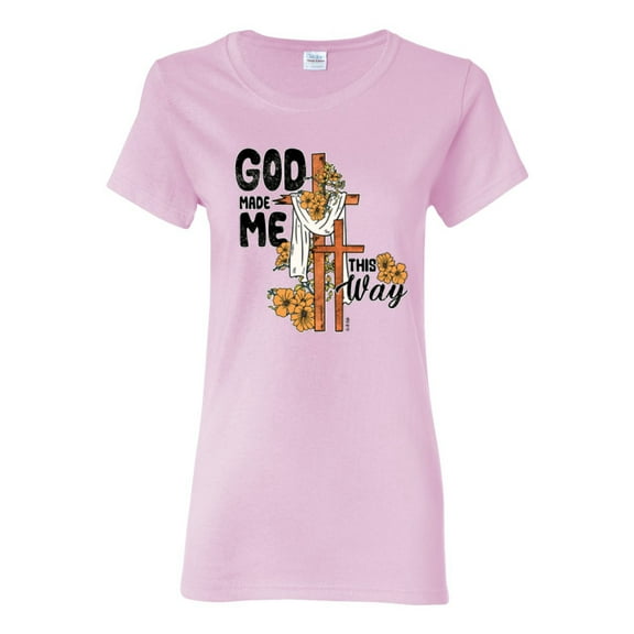 Wild Bobby God Made Me This Way Cross with Sunflowers Inspirational/Christian Women Graphic Tee, Light Pink, Medium