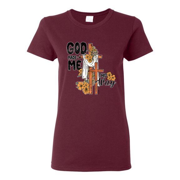 Wild Bobby God Made Me This Way Cross with Sunflowers Inspirational/Christian Women Graphic Tee, Maroon, Large