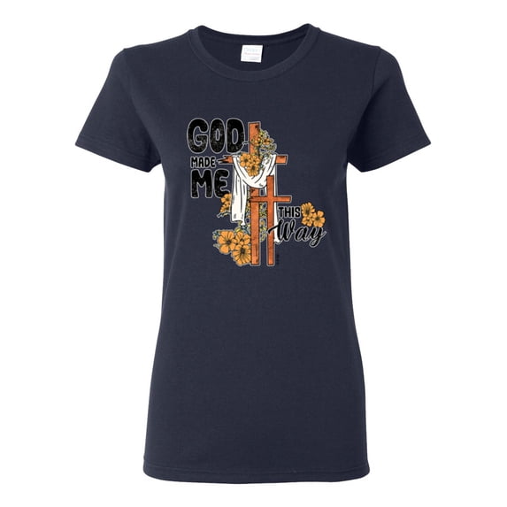 Wild Bobby God Made Me This Way Cross with Sunflowers Inspirational/Christian Women Graphic Tee, Navy, XX-Large