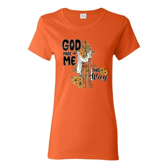 Wild Bobby God Made Me This Way Cross with Sunflowers Inspirational/Christian Women Graphic Tee, Orange, Small