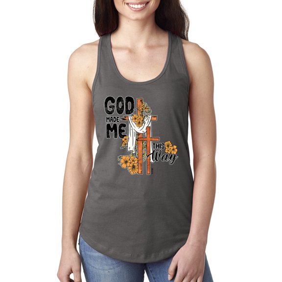 Wild Bobby God Made Me This Way Cross with Sunflowers Inspirational/Christian Women Racerback Tank Top, Dark Grey, Large