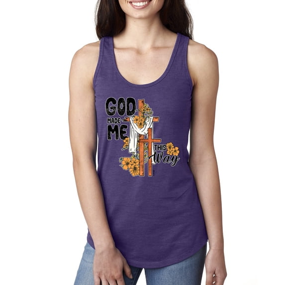 Wild Bobby God Made Me This Way Cross with Sunflowers Inspirational/Christian Women Racerback Tank Top, Purple Rush, X-Large