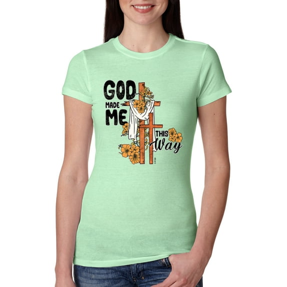 Wild Bobby God Made Me This Way Cross with Sunflowers Inspirational/Christian Women Slim Fit Junior Tee, Mint, Medium