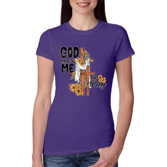 Wild Bobby God Made Me This Way Cross with Sunflowers Inspirational/Christian Women Slim Fit Junior Tee, Purple Rush, Small