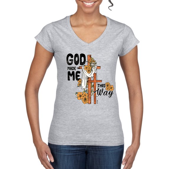 Wild Bobby God Made Me This Way Cross with Sunflowers Inspirational/Christian Women Standard V-Neck Tee, Heather Grey, Small