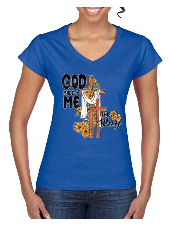 God Made Me This Way Cross with Sunflowers Inspirational/Christian Women Standard V-Neck Tee, Royal, X-Large