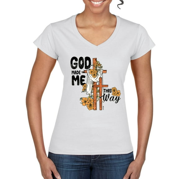Wild Bobby God Made Me This Way Cross with Sunflowers Inspirational/Christian Women Standard V-Neck Tee, White, Medium
