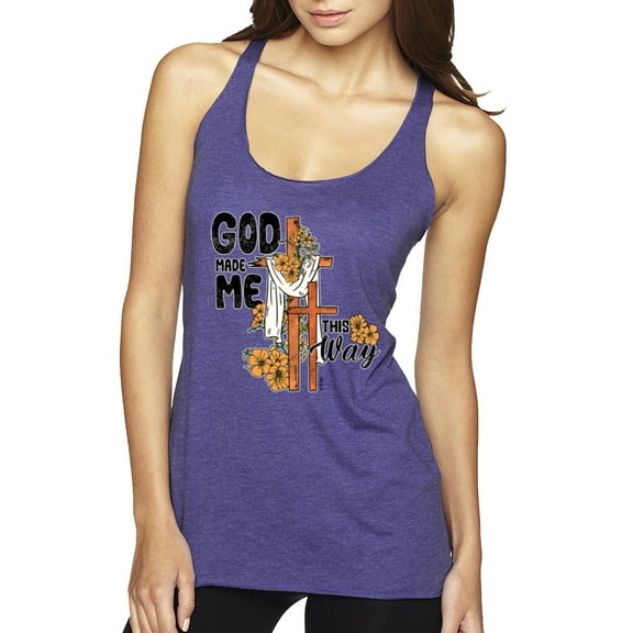 Wild Bobby God Made Me This Way Cross with Sunflowers Inspirational/Christian Women Tri-Blend Racerback Tank Top, Purple Rush, X-Large