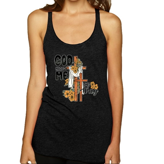 Wild Bobby God Made Me This Way Cross with Sunflowers Inspirational/Christian Women Tri-Blend Racerback Tank Top, Vintage Black, Small
