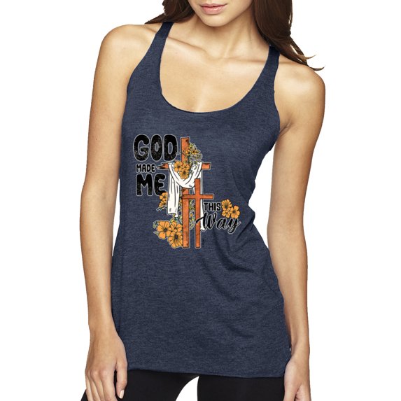 Wild Bobby God Made Me This Way Cross with Sunflowers Inspirational/Christian Women Tri-Blend Racerback Tank Top, Vintage Navy, Medium