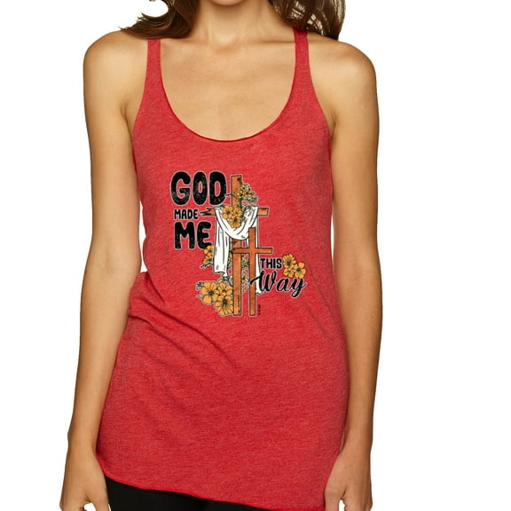 Wild Bobby God Made Me This Way Cross with Sunflowers Inspirational/Christian Women Tri-Blend Racerback Tank Top, Vintage Red, Small