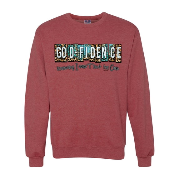 Wild Bobby Godfidence- Knowing I Can't But He Can Blue and Brown Cheetah Print Inspirational/Christian Unisex Crewneck Sweatshirt, Vintage Heather Red, Medium