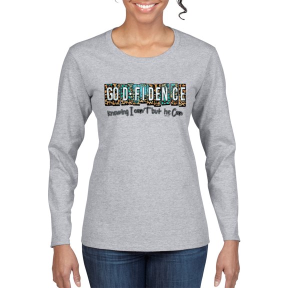 Wild Bobby Godfidence- Knowing I Can't But He Can Blue and Brown Cheetah Print Inspirational/Christian Women Graphic Long Sleeve Tee, Heather Grey, Large