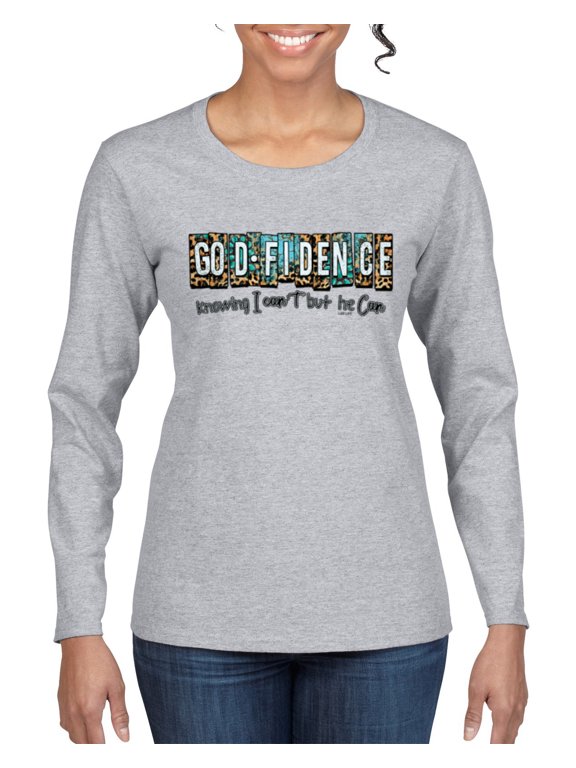 Godfidence- Knowing I Can't But He Can Blue and Brown Cheetah Print Inspirational/Christian Women Graphic Long Sleeve Tee, Heather Grey, XX-Large