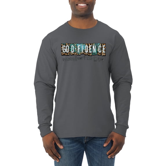 Wild Bobby Godfidence- Knowing I Can't But He Can Blue and Brown Cheetah Print Inspirational/Christian Men Long Sleeve Shirt, Charcoal, X-Large
