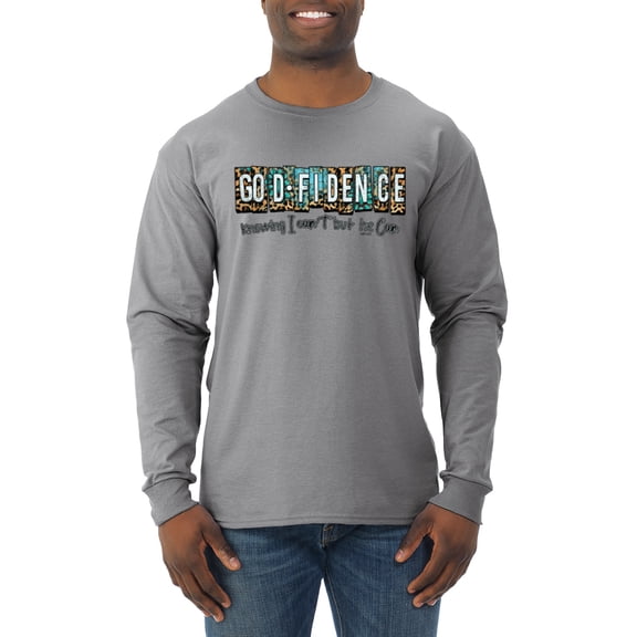 Wild Bobby Godfidence- Knowing I Can't But He Can Blue and Brown Cheetah Print Inspirational/Christian Men Long Sleeve Shirt, Heather Grey, Large