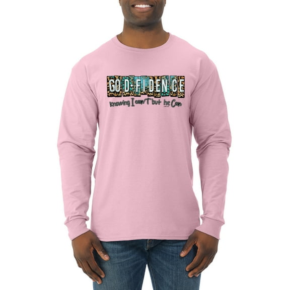 Wild Bobby Godfidence- Knowing I Can't But He Can Blue and Brown Cheetah Print Inspirational/Christian Men Long Sleeve Shirt, Light Pink, Medium