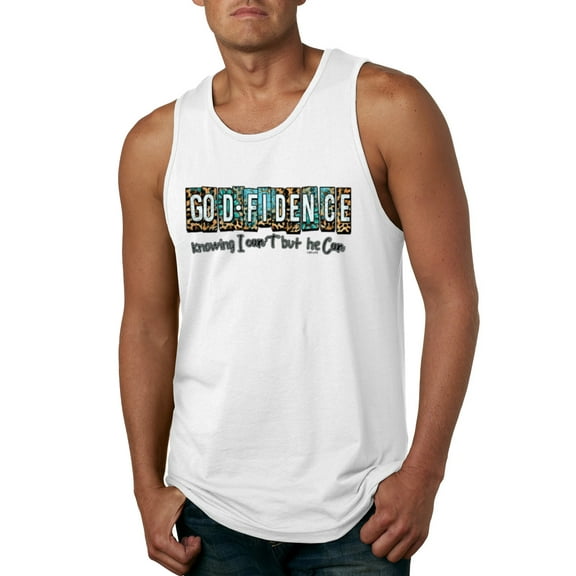Wild Bobby Godfidence- Knowing I Can't But He Can Blue and Brown Cheetah Print Inspirational/Christian Men Tank Top, White, Medium