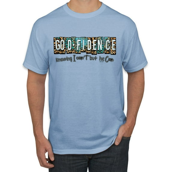 Wild Bobby Godfidence- Knowing I Can't But He Can Blue and Brown Cheetah Print Inspirational/Christian Men Tee, Light Blue, 4X-Large