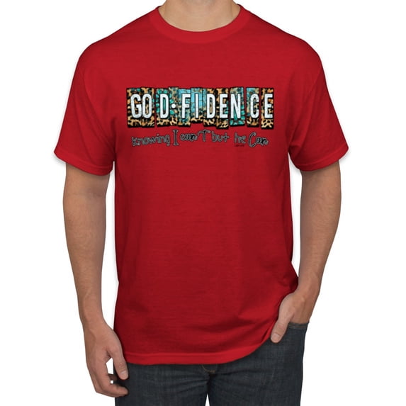 Wild Bobby Godfidence- Knowing I Can't But He Can Blue and Brown Cheetah Print Inspirational/Christian Men Tee, Red, Small