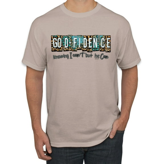 Wild Bobby Godfidence- Knowing I Can't But He Can Blue and Brown Cheetah Print Inspirational/Christian Men Tee, Sandstone, 5X-Large