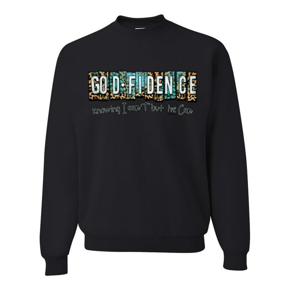 Wild Bobby Godfidence- Knowing I Can't But He Can Blue and Brown Cheetah Print Inspirational/Christian Unisex Crewneck Sweatshirt, Black, Small