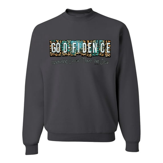 Wild Bobby Godfidence- Knowing I Can't But He Can Blue and Brown Cheetah Print Inspirational/Christian Unisex Crewneck Sweatshirt, Charcoal, 3X-Large