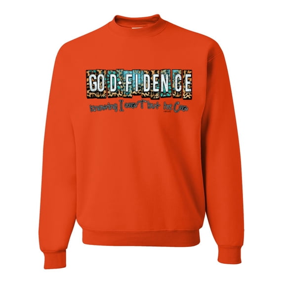 Wild Bobby Godfidence- Knowing I Can't But He Can Blue and Brown Cheetah Print Inspirational/Christian Unisex Crewneck Sweatshirt, Orange, Small