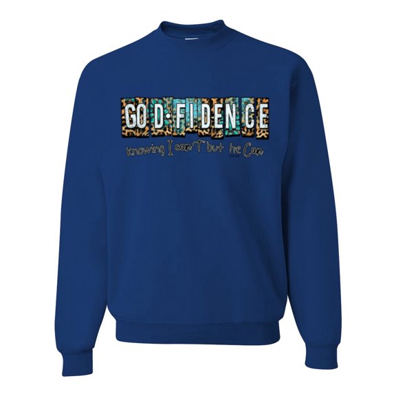 Wild Bobby Godfidence- Knowing I Can't But He Can Blue and Brown Cheetah Print Inspirational/Christian Unisex Crewneck Sweatshirt, Royal, 3X-Large