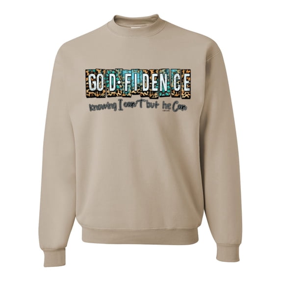 Wild Bobby Godfidence- Knowing I Can't But He Can Blue and Brown Cheetah Print Inspirational/Christian Unisex Crewneck Sweatshirt, Sandstone, Large