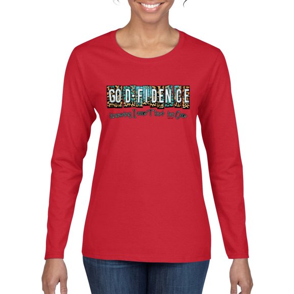 Wild Bobby Godfidence- Knowing I Can't But He Can Blue and Brown Cheetah Print Inspirational/Christian Women Graphic Long Sleeve Tee, Red, X-Large