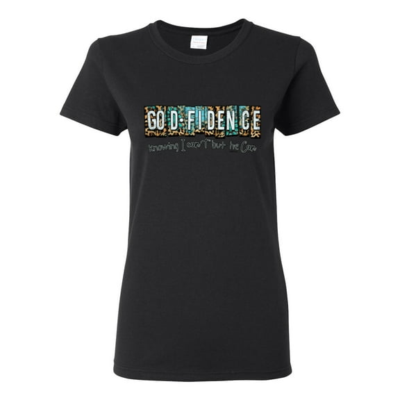 Wild Bobby Godfidence- Knowing I Can't But He Can Blue and Brown Cheetah Print Inspirational/Christian Women Graphic Tee, Black, Small