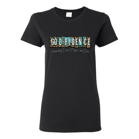 Wild Bobby Godfidence- Knowing I Can't But He Can Blue and Brown Cheetah Print Inspirational/Christian Women Graphic Tee, Black, Small
