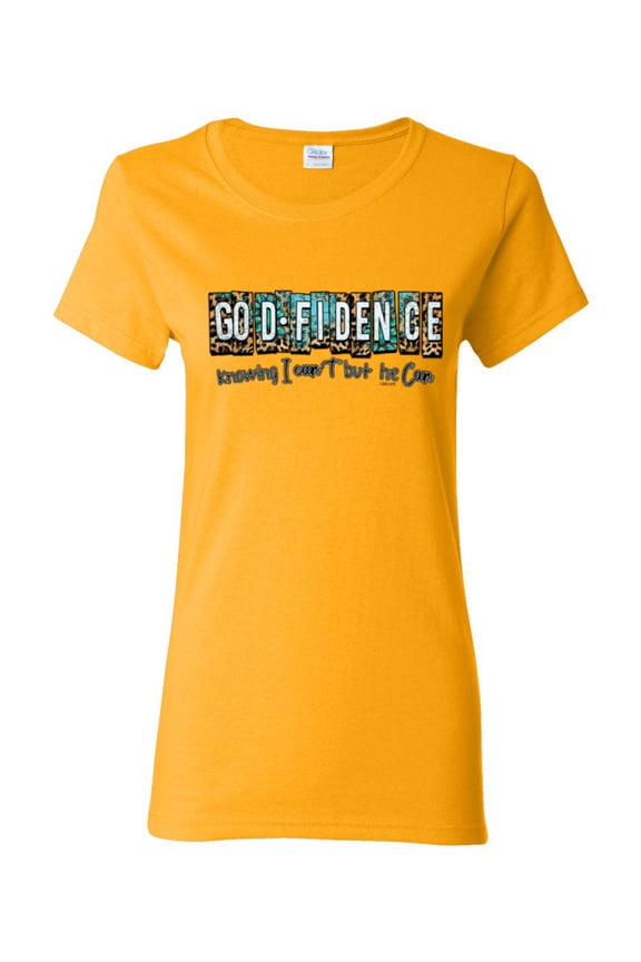 Godfidence- Knowing I Can't But He Can Blue and Brown Cheetah Print Inspirational/Christian Women Graphic Tee, Gold, Large