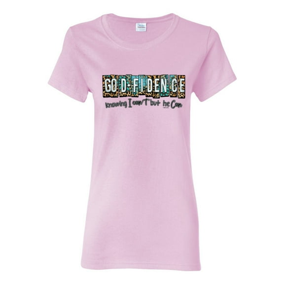 Wild Bobby Godfidence- Knowing I Can't But He Can Blue and Brown Cheetah Print Inspirational/Christian Women Graphic Tee, Light Pink, X-Large