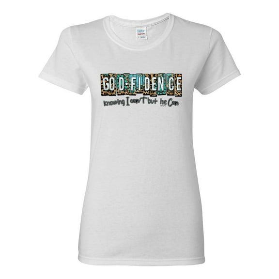 Wild Bobby Godfidence- Knowing I Can't But He Can Blue and Brown Cheetah Print Inspirational/Christian Women Graphic Tee, White, Small
