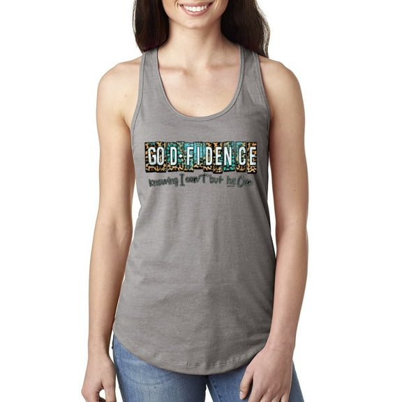 Wild Bobby Godfidence- Knowing I Can't But He Can Blue and Brown Cheetah Print Inspirational/Christian Women Racerback Tank Top, Heather Grey, Small