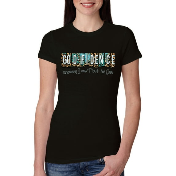 Wild Bobby Godfidence- Knowing I Can't But He Can Blue and Brown Cheetah Print Inspirational/Christian Women Slim Fit Junior Tee, Black, Small