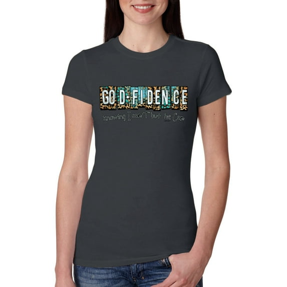Wild Bobby Godfidence- Knowing I Can't But He Can Blue and Brown Cheetah Print Inspirational/Christian Women Slim Fit Junior Tee, Dark Grey, Medium