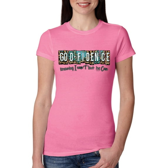 Wild Bobby Godfidence- Knowing I Can't But He Can Blue and Brown Cheetah Print Inspirational/Christian Women Slim Fit Junior Tee, Hot Pink, XX-Large