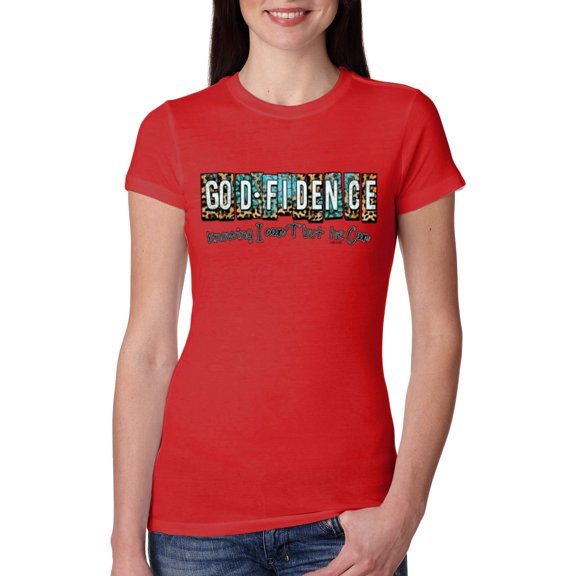 Wild Bobby Godfidence- Knowing I Can't But He Can Blue and Brown Cheetah Print Inspirational/Christian Women Slim Fit Junior Tee, Red, X-Large