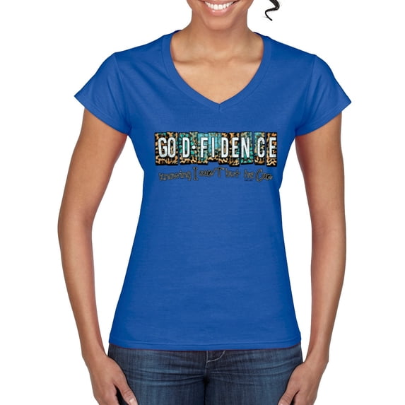 Wild Bobby Godfidence- Knowing I Can't But He Can Blue and Brown Cheetah Print Inspirational/Christian Women Standard V-Neck Tee, Royal, X-Large