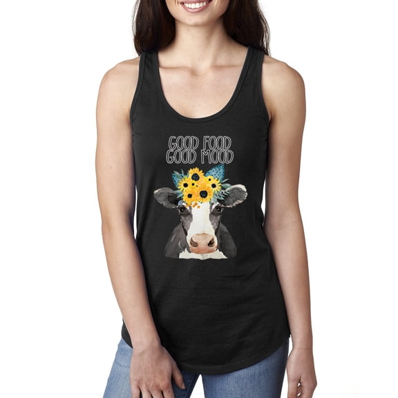 Wild Bobby, Good Food Good Mood Funny Cute Cow Animal Lover Ladies Racerback Tank Top, Black, Small