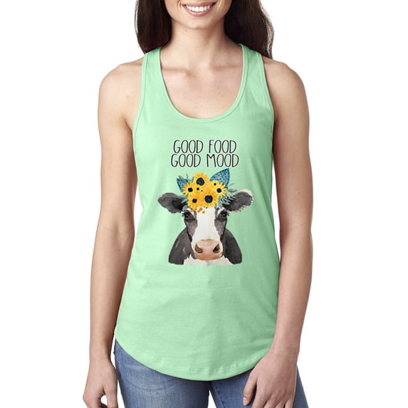 Wild Bobby, Good Food Good Mood Funny Cute Cow Animal Lover Ladies Racerback Tank Top, Mint, Large